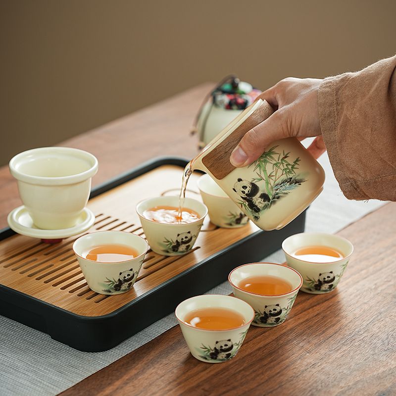 古樸禪意【熊貓黃玉汝窯】便攜式戶外旅行茶具 商務 禮盒 家用 品味百態人生!